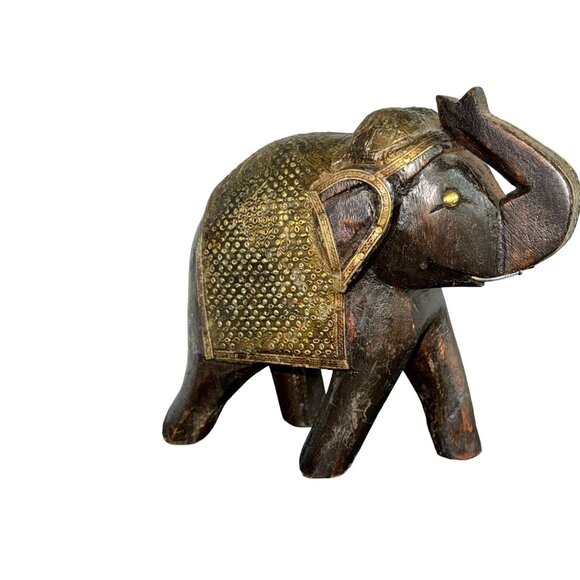 Hand Carved Wooden Elephant Brass Metal blanket Nails for Tusks Brass Metal Eyes - Picture 1 of 11